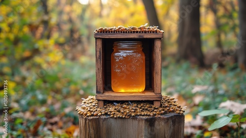 Honey Jar Resting on Fallen Leaves in a Forest During Autumn Afternoon