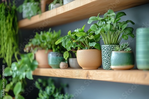 Succulent Arrangement on Wooden Shelf in Modern Indoor Garden Setting
