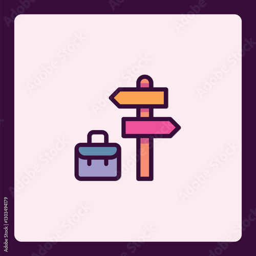 Colorful business trip icon with briefcase and signpost destination choices