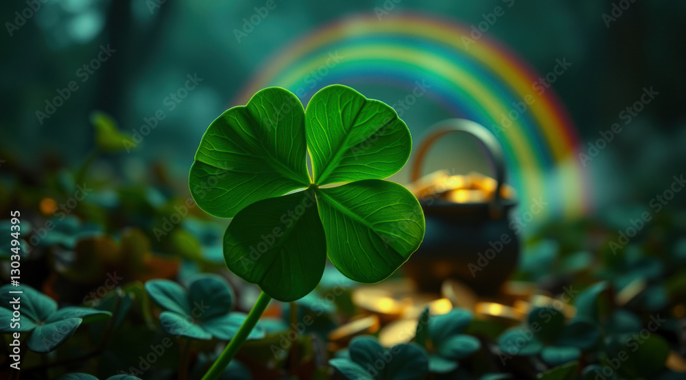 Obraz premium A four leaf clover with a rainbow and pot of gold in the background. St. Patrick's Day Concept.