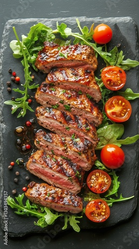 Deliciously Grilled Steak Slices Served With Fresh Greens and Cherry Tomatoes