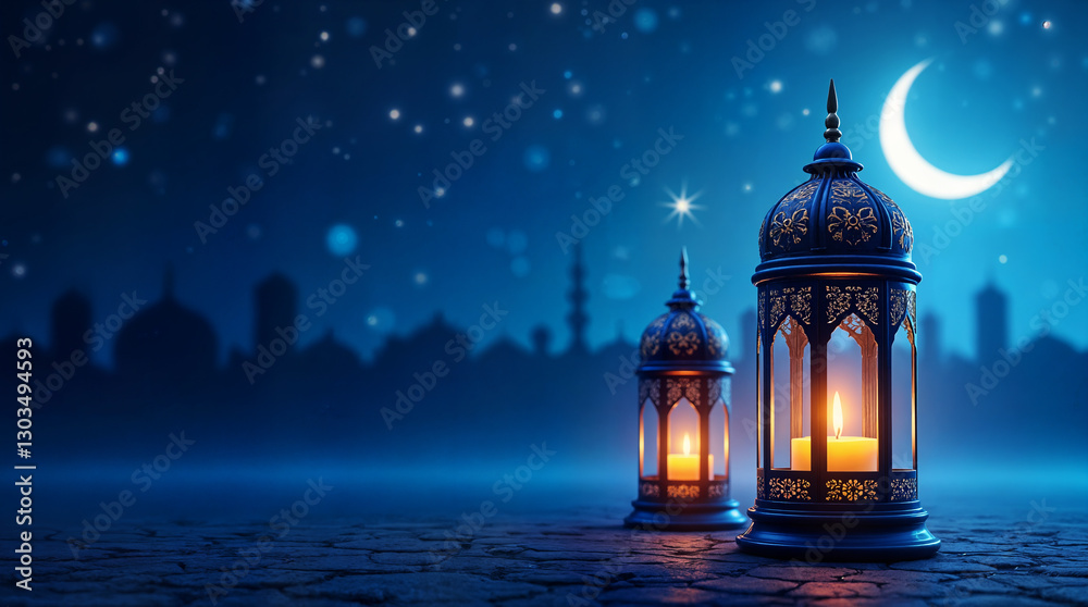 Fototapeta premium Ramadan, Eid Lanterns at Night, Islamic Festive Lights, Crescent Moon & Spiritual Atmosphere.Blue night background, generative ai