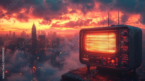 Neon-Lit Vintage TV Broadcasting Over Futuristic Cityscape. Generative AI photo