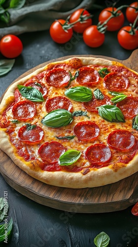 Mouthwatering Pepperoni Pizza Topped With Fresh Basil and Cherry Tomatoes on ...