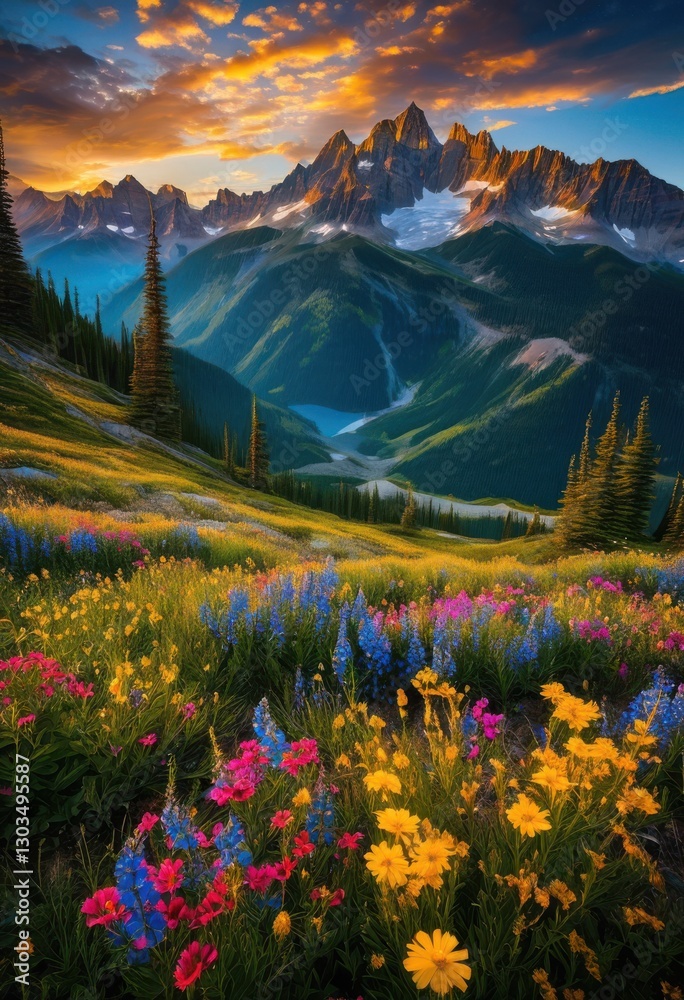 Fototapeta premium breathtaking scenic view majestic mountain peaks vibrant colors dynamic atmosphere captured landscape, adventure, altitude, caps, clouds, elevation, earth