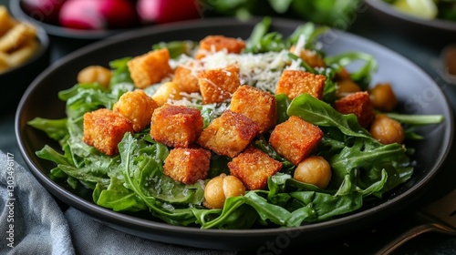 Vegan Salad with Crispy Tofu Arugula and Chickpeas. Generative AI photo