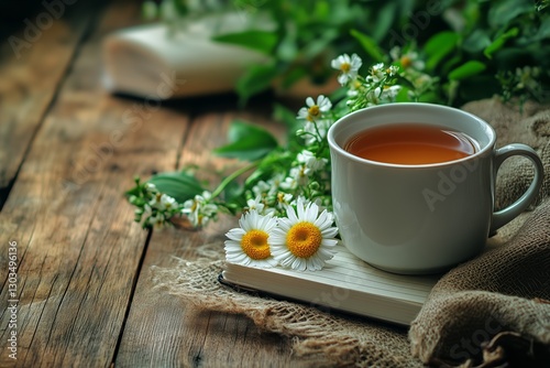Fresh Tea and Flowers on a Wooden Table Surrounded by Greenery