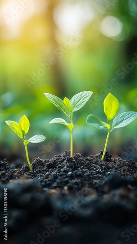 New Green Seedlings Emerging From Rich Soil in a Garden During Springtime