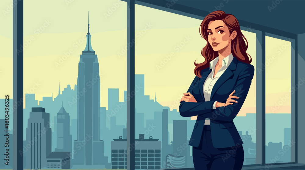 Confident female CEO in business suit with city skyline Confident female CEO in business suit with city skyline
