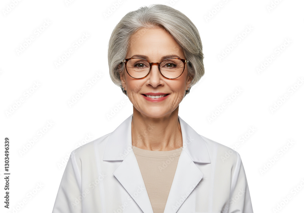 Fototapeta premium A professional female doctor with short gray hair wearing a white lab coat isolated on transparent background