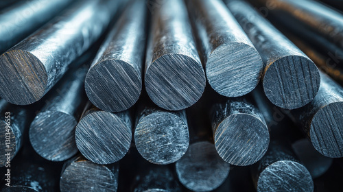 Stacked graphite rods exhibit polished metallic textures in a meticulously organized industrial environment