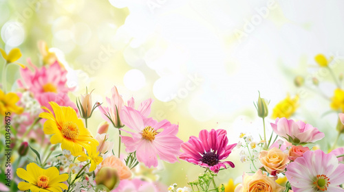 Colorful wildflowers bloom in a sunlit garden during spring, creating a vibrant natural display