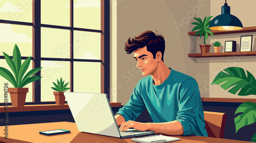 Young entrepreneur working on laptop in cozy cafe