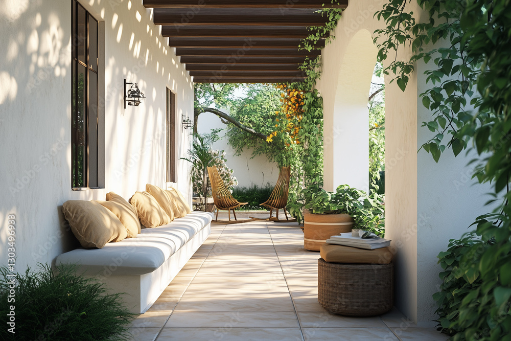 Mediterranean-Inspired Open-Air Lounge with Arches and Greenery
