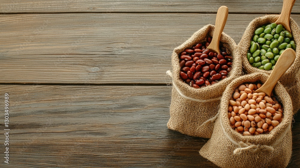 Organic food concept: mixed beans in burlap bags spread across a rustic wooden background. Organic food concept: mixed beans in burlap bags spread across a rustic wooden background.