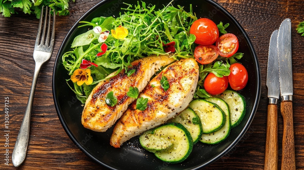 Perfectly seared fish fillet with a side of seasonal vegetables and fresh floral garnish. Perfectly seared fish fillet with a side of seasonal vegetables and fresh floral garnish.