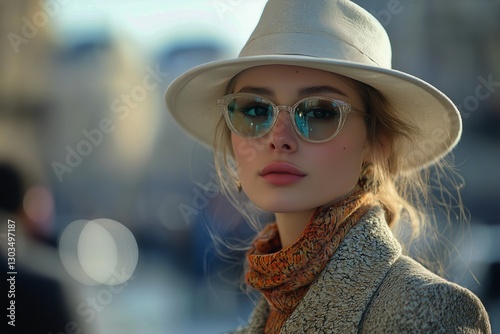 Stylish Woman Wearing Sunglasses and a Hat in an Urban Setting During Sunny W...