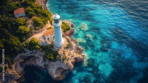 White lighthouse standing on rocky coastline overlooking turquoise sea