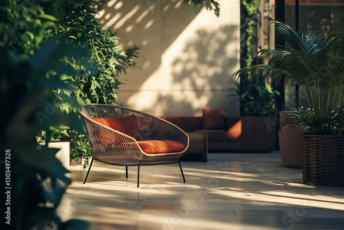 Obraz na płótnie Elegant Sunlit Corner with a Lounge Chair and Indoor Plants w salonie