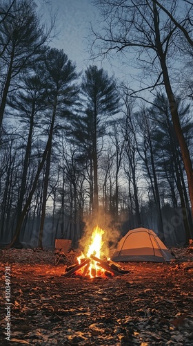 Campfire Warmth in Serene Forest at Twilight, Enjoying Natures Tranquility an...