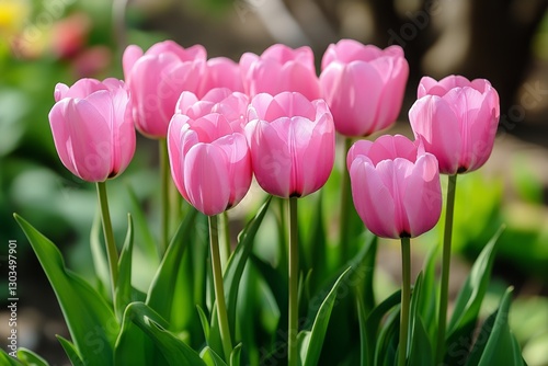 Beautiful Pink Tulips Blooming in a Garden During Springtime