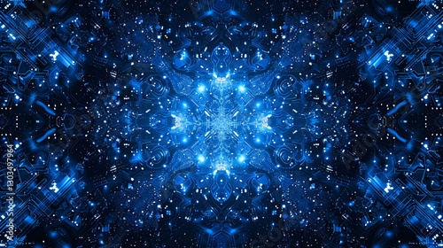 Intricate blue digital patterns create a mesmerizing abstract design in a dark cosmic background filled with twinkling stars