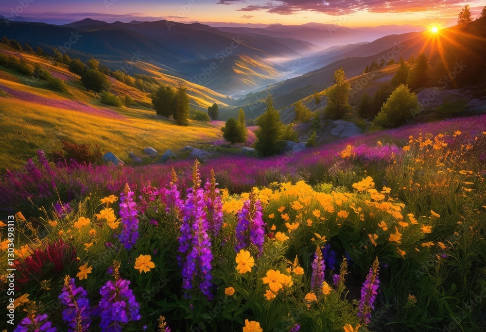 Naklejka premium majestic sunrise over lush slopes rolling valleys surrounded vibrant flora exquisite natural landscapes, aura, bright, dawn, mountain, scenery, fauna