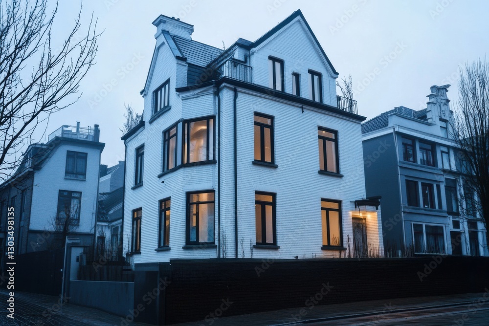 A contemporary white house featuring expansive windows is situated in a serene urban neighborhood, beautifully illuminated during twilight hours A contemporary white house featuring expansive windows is situated in a serene urban neighborhood, beautifully illuminated during twilight hours