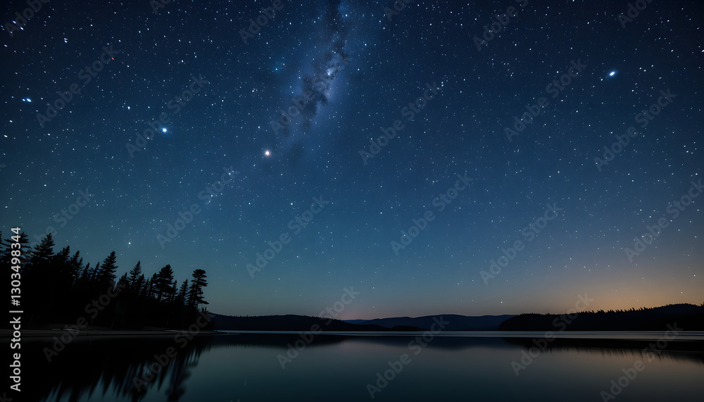 Night Sky Over Calm Lake With Milky Way Night Sky Over Calm Lake With Milky Way