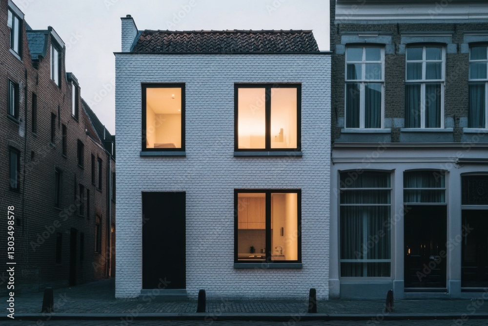Obraz premium Modern architecture of a minimalist white house illuminated at dusk highlights its unique design amidst traditional brick structures in a quiet urban neighborhood