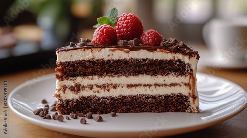 Delicious Chocolate Cake Layered With Cream and Fresh Berries on a Wooden Table