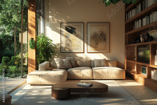 Sunlit Japandi Living Room with Soft Furnishings