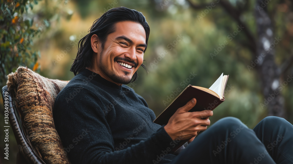 Fototapeta premium Native American Man in His Mid-30s Sitting in a Chair, Smiling Contently While Reading a Book in a Peaceful Setting