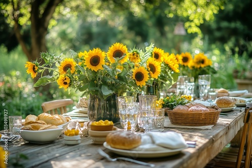 Sunny Outdoor Brunch Setup With Fresh Flowers and Delicious Food