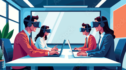 Business professionals using VR headsets in virtual meeting