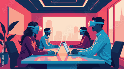 Business professionals using VR headsets in virtual meeting