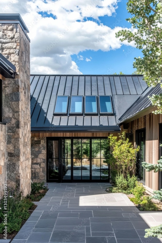 This contemporary architectural design seamlessly combines stone and wood elements, showcasing expansive glass doors that open to a beautifully landscaped courtyard.
