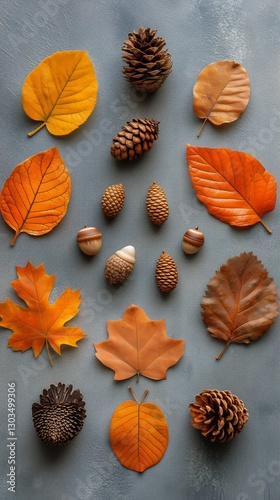Colorful Autumn Leaves and Pinecones Arranged on a Light Background in a Crea...