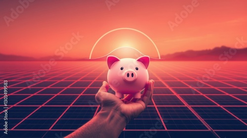 Financial Future: Piggy bank held over solar panels against a red sunset, symbolizing clean energy savings. photo