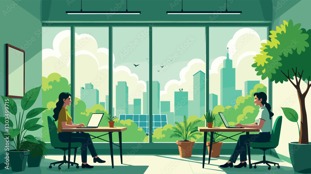 Fototapeta premium Eco-friendly office with solar panels and sustainable workspace