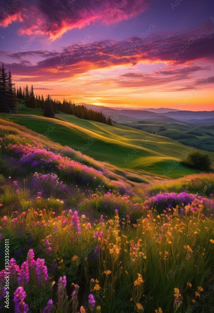 Obraz premium magical dusk landscape featuring vibrant sky colors stunning shades gold over serene horizon breath taking nature elements, sunset, twilight, clouds, pink