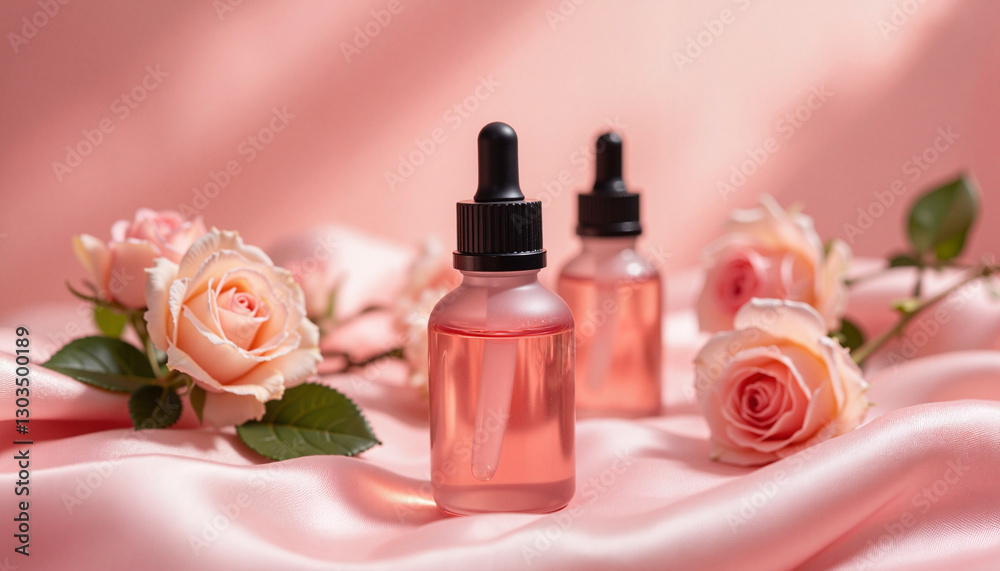 Bottle of rose essential oil resting on silky fabric with fresh roses and soft-focus background creating warmth Bottle of rose essential oil resting on silky fabric with fresh roses and soft-focus background creating warmth
