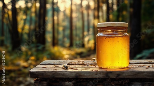 Honey Jar Resting on Fallen Leaves in a Forest During Autumn Afternoon