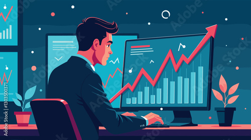 Businessman analyzing stock charts on futuristic financial screens