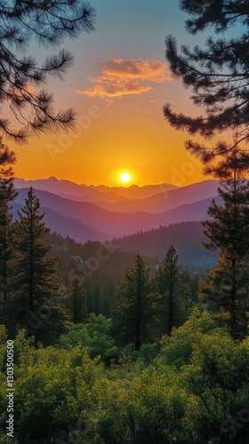 Sunset View Over Mountains With Pine Trees in Foreground Captures Serene Land...