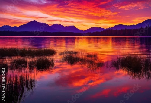 vibrant sunset over calm water stunning reflections creating captivating landscape colorful skies serene waters, colors, sky, clouds, horizon, illumination
