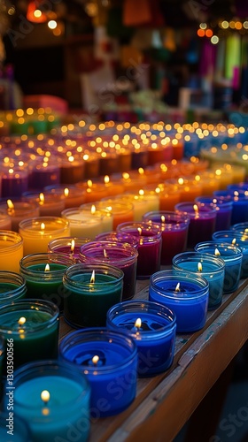 Colorful Candles on Display at a Market Stall During the Evening Hours