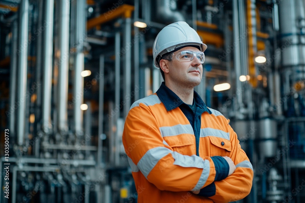 A skilled worker in an orange safety suit and hard hat stands with arms crossed at an industrial facility. The background features complex machinery and pipes, highlighting a busy work environment A skilled worker in an orange safety suit and hard hat stands with arms crossed at an industrial facility. The background features complex machinery and pipes, highlighting a busy work environment
