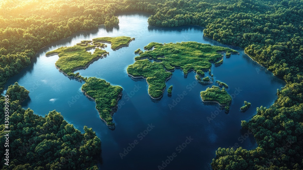 Aerial view of lush greenery shaped like the world map on a tranquil lake. Aerial view of lush greenery shaped like the world map on a tranquil lake.