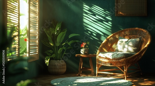 Cozy Indoor Reading Nook With Rattan Chair and Plants in the Sunlight